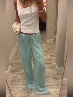 Sequin Wide-Leg Pants in Light Aqua